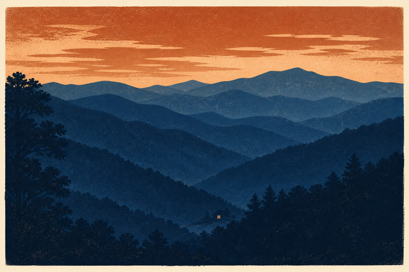 Screenprint poster of Blue Ridge mountains at dusk, a cabin light in the valley.
