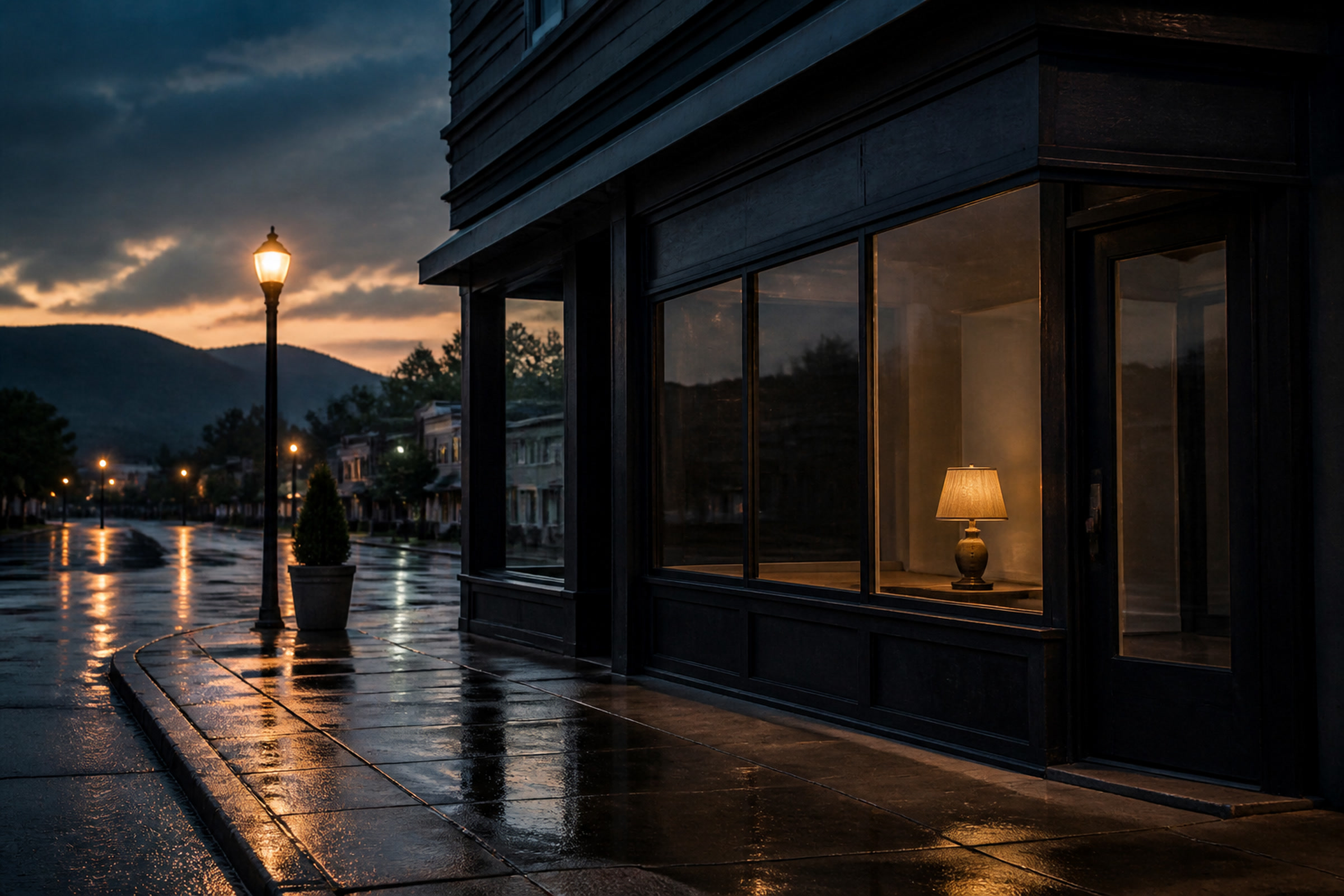 A shop window at dusk, lamp on inside, wet street outside.